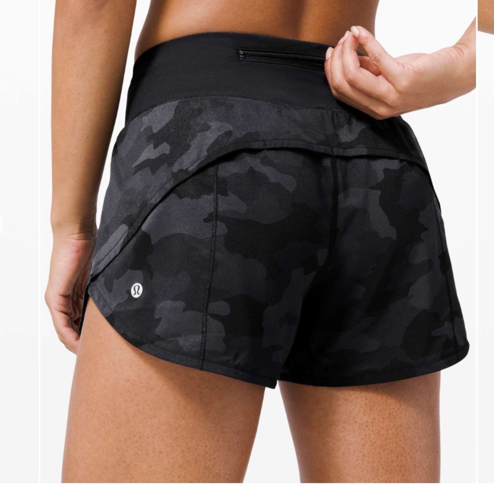 Lululemon speed up short long 4” heritage 365 camo deep coal multi / black size6